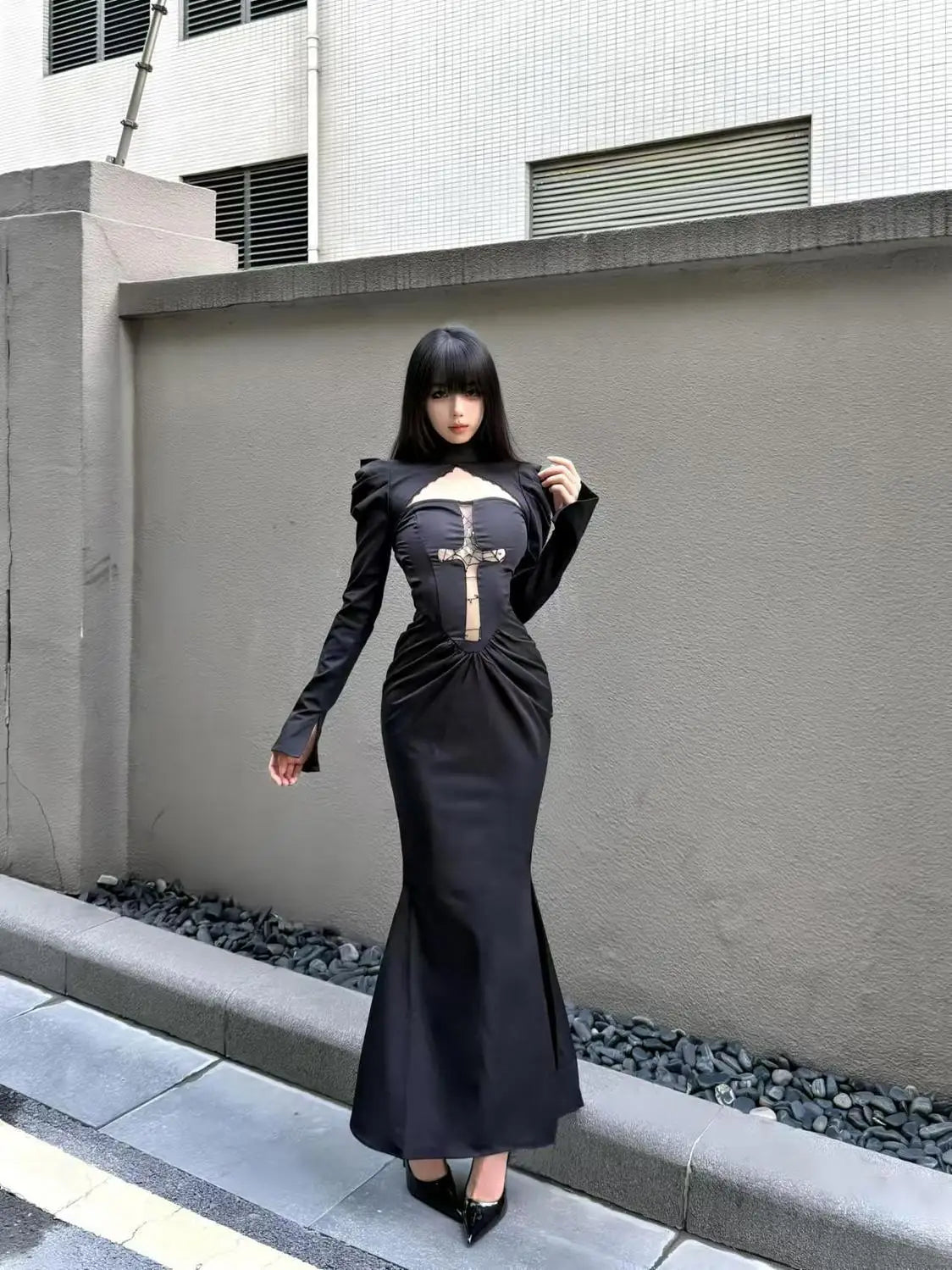 Winter Gothic Black Midi Dress Women Lace Veil Cross Decor Long Sleeve Slim-Fit Party Dress Female Halloween Cosplay Outfit 2025