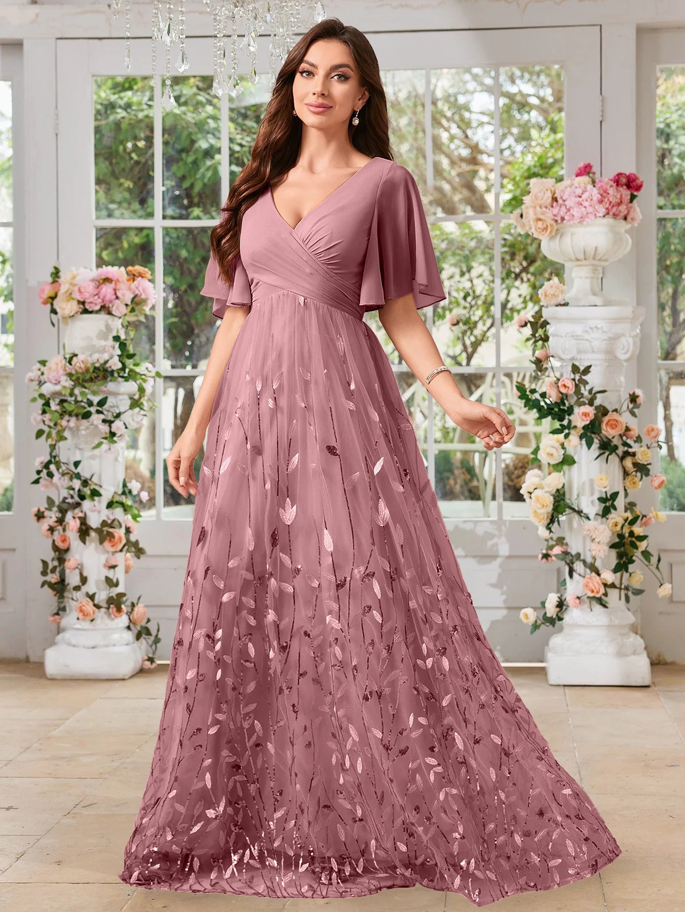 UNITHORSE Random Cutting V-neck Lace-Trimmed Sleeves Chest Pleats Leaf Pattern Tulle Patchwork Evening Dress