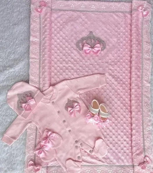 5pcs Baby Girl Outfits Set Welcome Home Hosptial Infant Receiving Blanket Pillow Bed Hat Mittens Romper Set