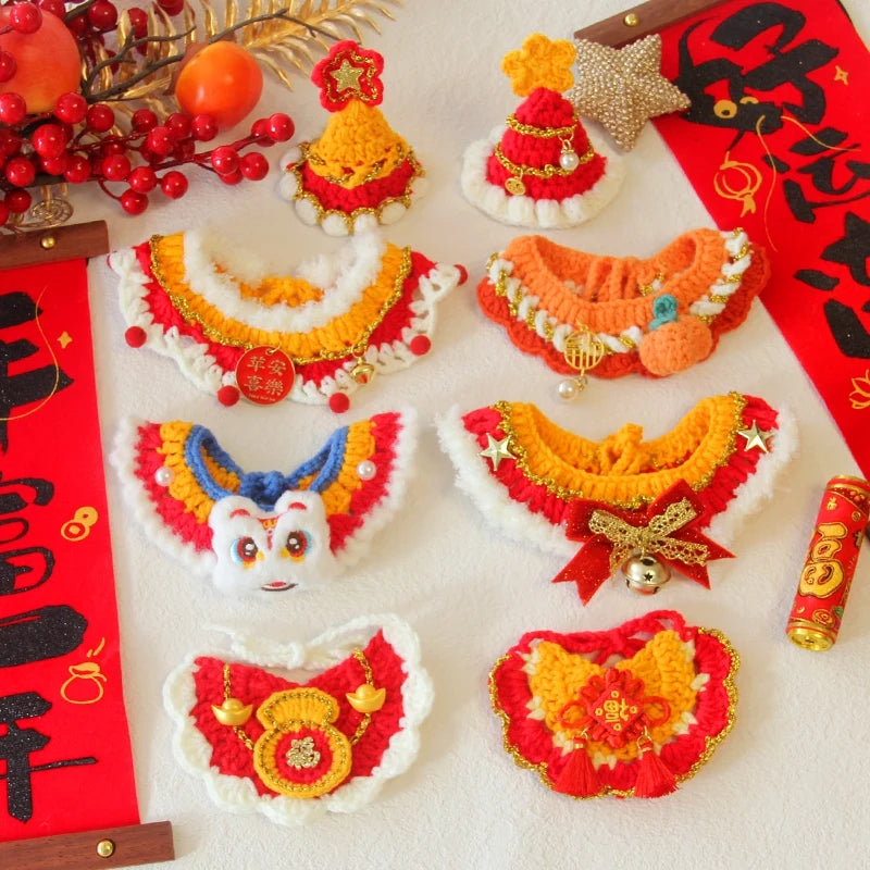 New Year Cat Collar Pet Cat Dog Scarfs Crocheted Kitten Puppy Collar Spring Festival Cat Cosplay Costume Pet Accessiories