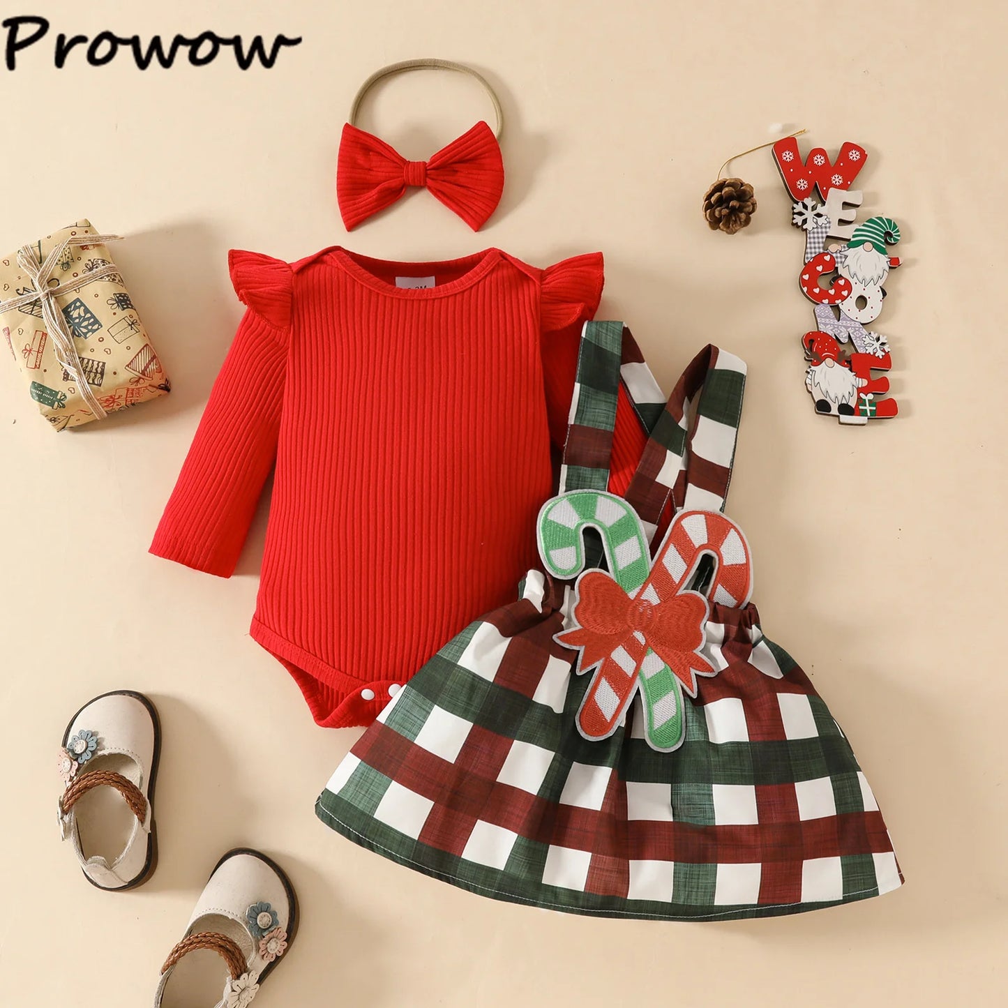 Prowow Baby Girls Christmas Outfits Set Red Bodysuit+Plaid Deer Suspender Dress Set 3pcs My First New Year Costume For Baby 2026