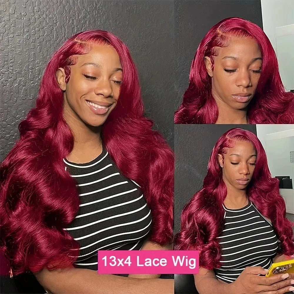 28 Inch 13x4 Burgundy 99J 200 Density Body Wave Lace Frontal Wigs Transparent Lace Pre plucked Human Hair wigs For Women