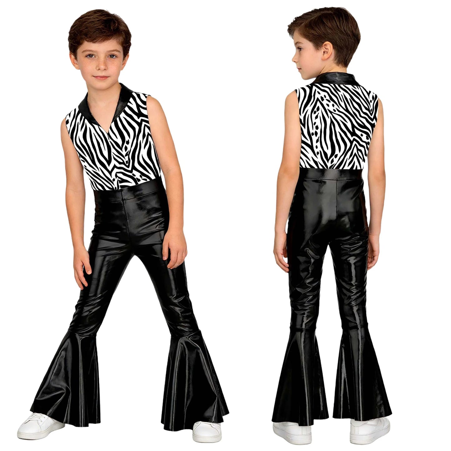 Children Boys 70-80s Disco Hippie Cowboy Costume Metallic Shiny Zipper Bell-bottom Jumpsuit for Halloween Carnival Cosplay Party