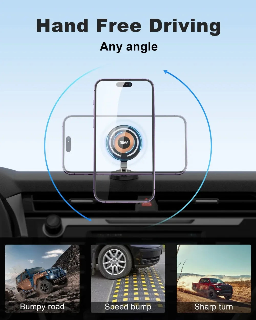 15W Magnetic Car Phone Holder Mount Wireless Charger Fast Charging Rotation Magnetic Car Phone Stand for IPhone 16 15 14 13 12