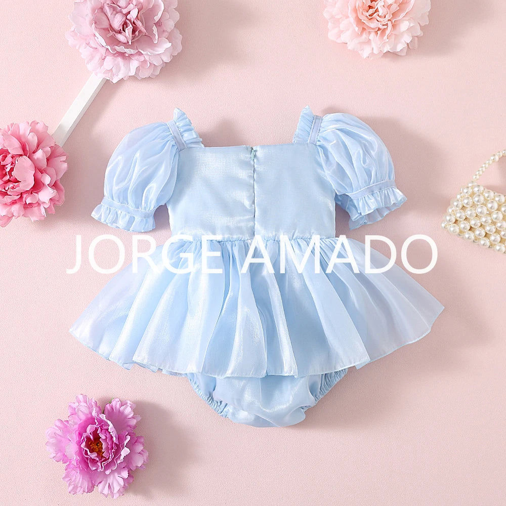 New Summer Sister Girl Matching Romper Dress Short Sling Sleeves Big Bow Bodysuit Sequined Princess Dresses Twins Clothing H1518
