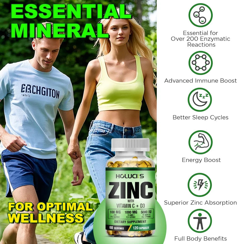 Zinc Complex Supplement, Vitamin C, Support Collagen, Antioxidant, Boost Immune, Improve Sleep & Energy, Premium Capsules