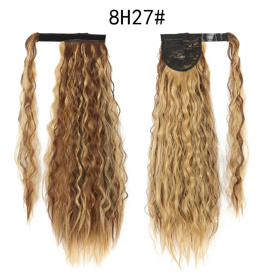 Synthetic Long Corn Wave Ponytail Extension Magic Paste Heat Resistant Wavy Wrap Around Ponytail Black Hairpiece for Women