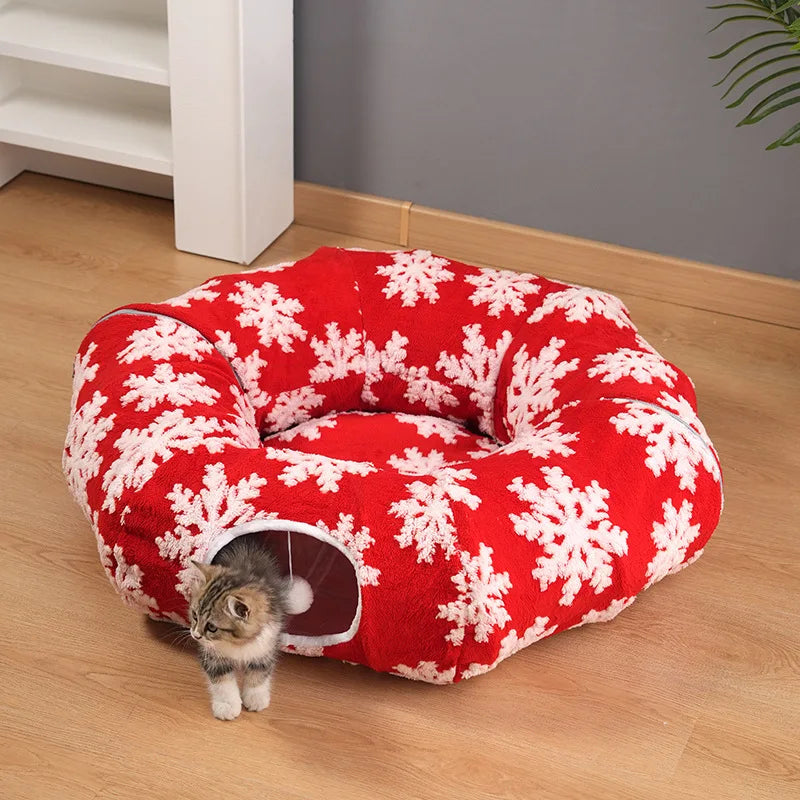 Round Donut Cat Beds Christmas House Soft Plush Pet Mat for Puppy Cushion for Cats To Hide 2 in 1 Tunnel Cats Sleeping Sofa Noel