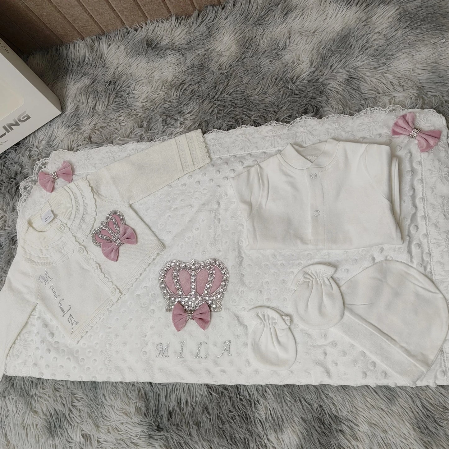 5pcs Newborn Baby Embroidery Lace Romper Outfit Clothing Cotton Infant Wrapped Baby Products Pants Mittens Receiving Blanket