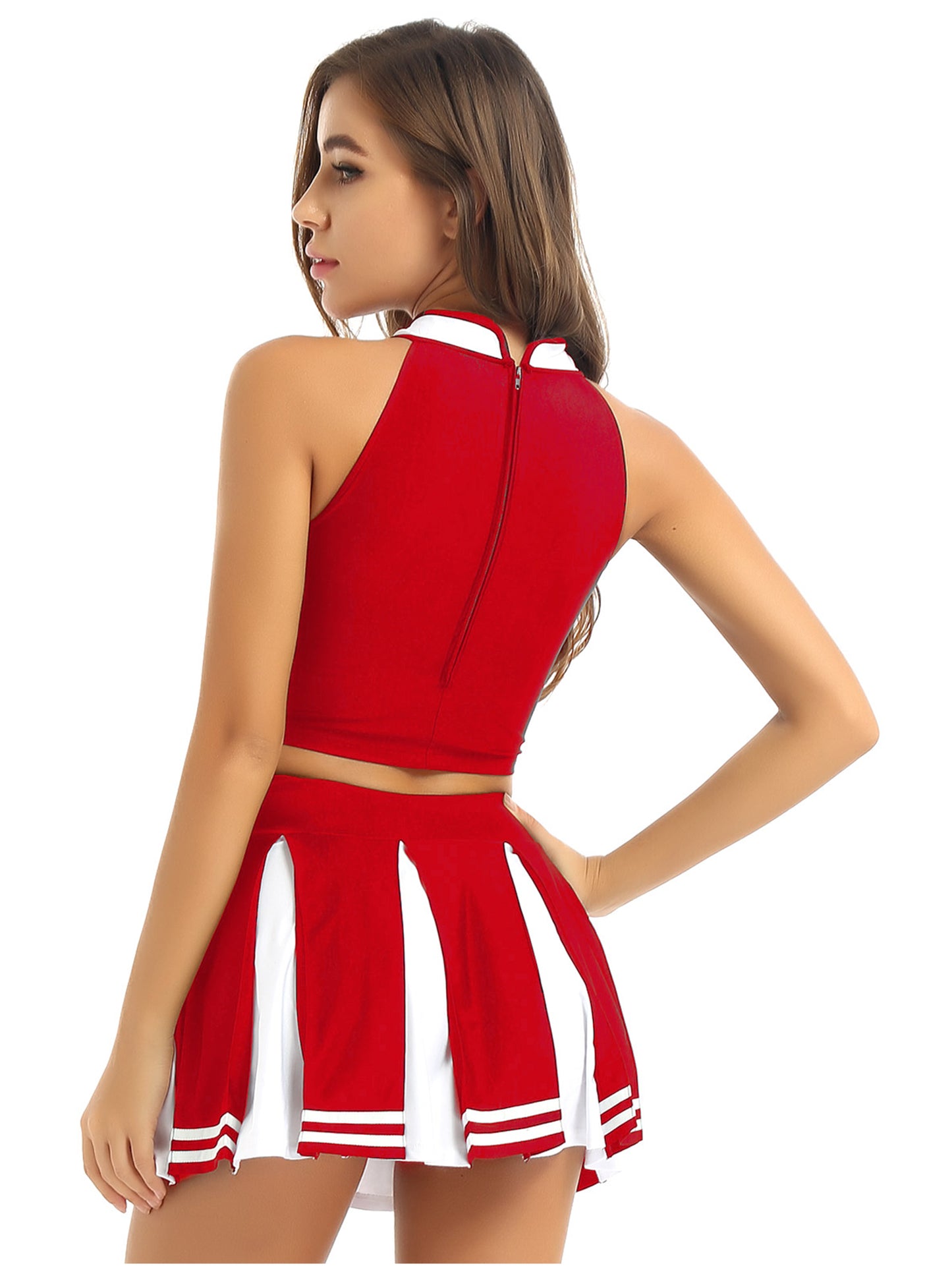 Women's Cheerleader Cosplay Costume Uniform Outfit Stand Collar Crop Top with Mini Pleated Skirts Carnival Cheerleading Suit