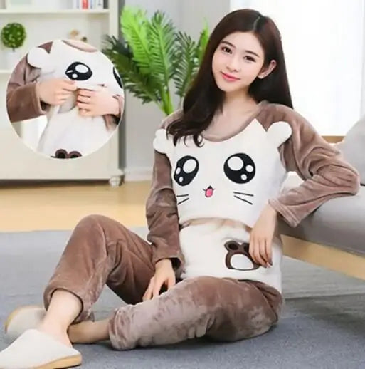 Autumn Long Sleeve flannel Maternity Clothing winter Thin coral fleece Pajamas Set Pregnant Women Breastfeeding Nursing Pyjama