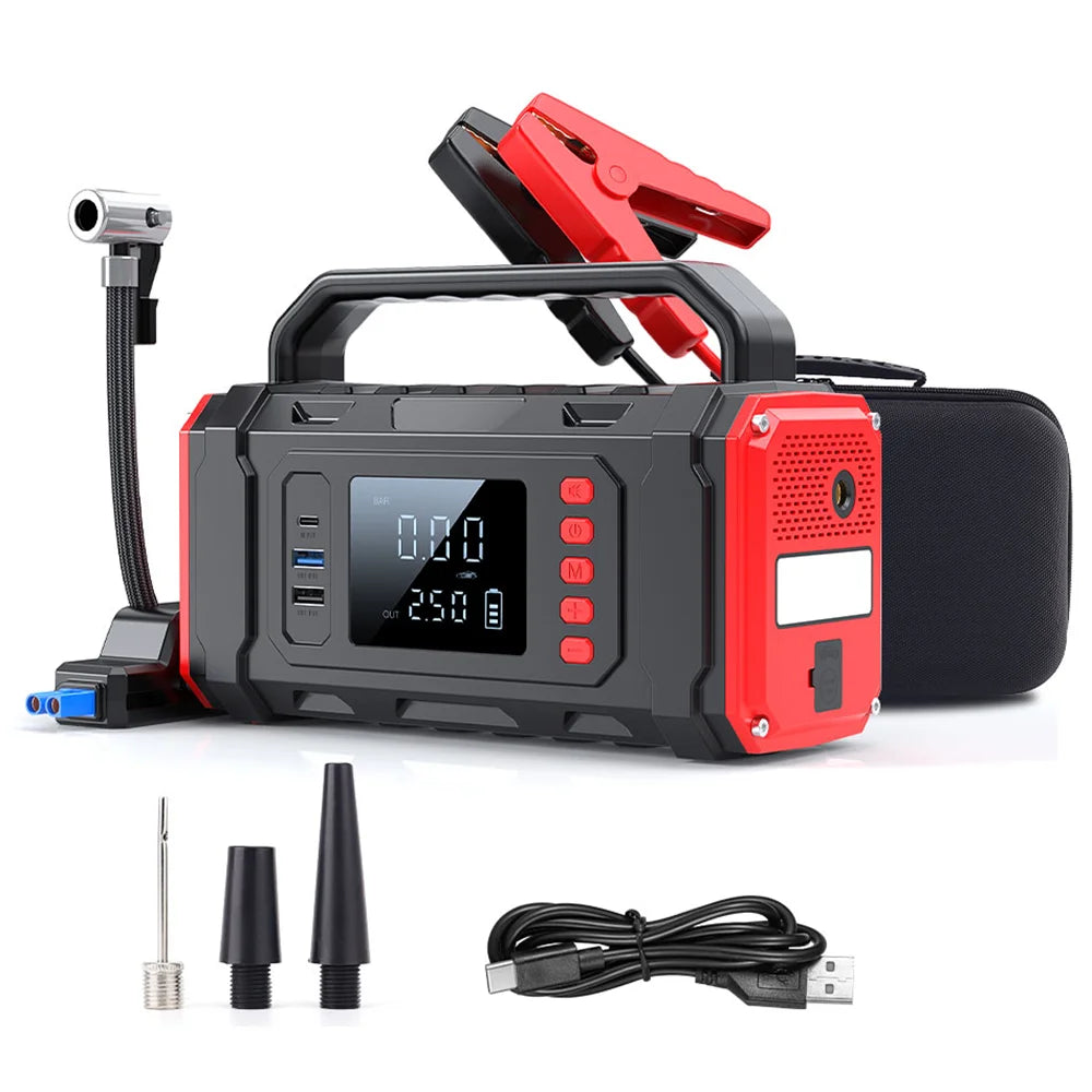 4‑IN‑1 Portable Car Jump Starter with Air Compressor, Tire Inflator, Power Bank with Fast Charging & LED Light for 12V Emergency