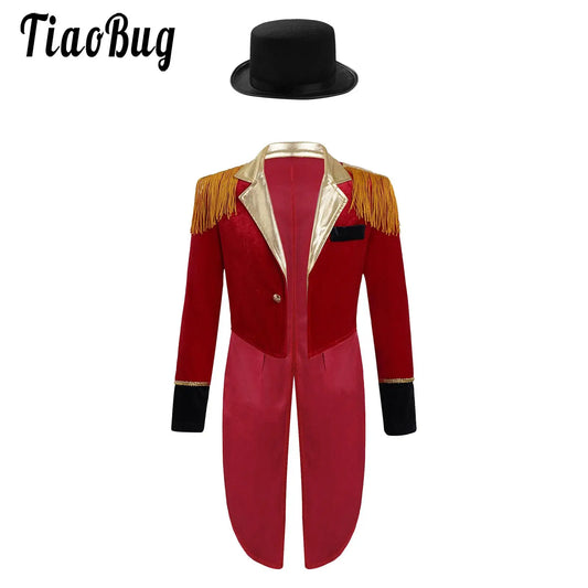 Boys Circus Halloween Performance Costume for Kids Dress Up Party Long Sleeve Lapel Tassel Tailcoat Felt Hat Ringmaster Cosplay