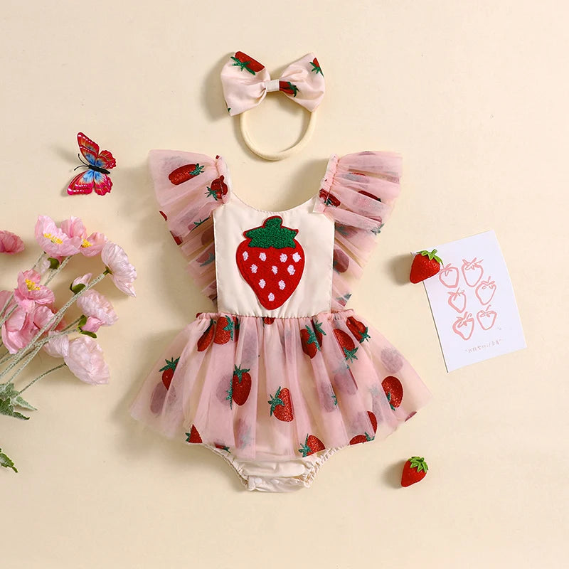 Baby Girl Summer Outfit, Strawberry Embroidery Fly Sleeve Romper Dress Bow Headband Toddler 2 Piece Set