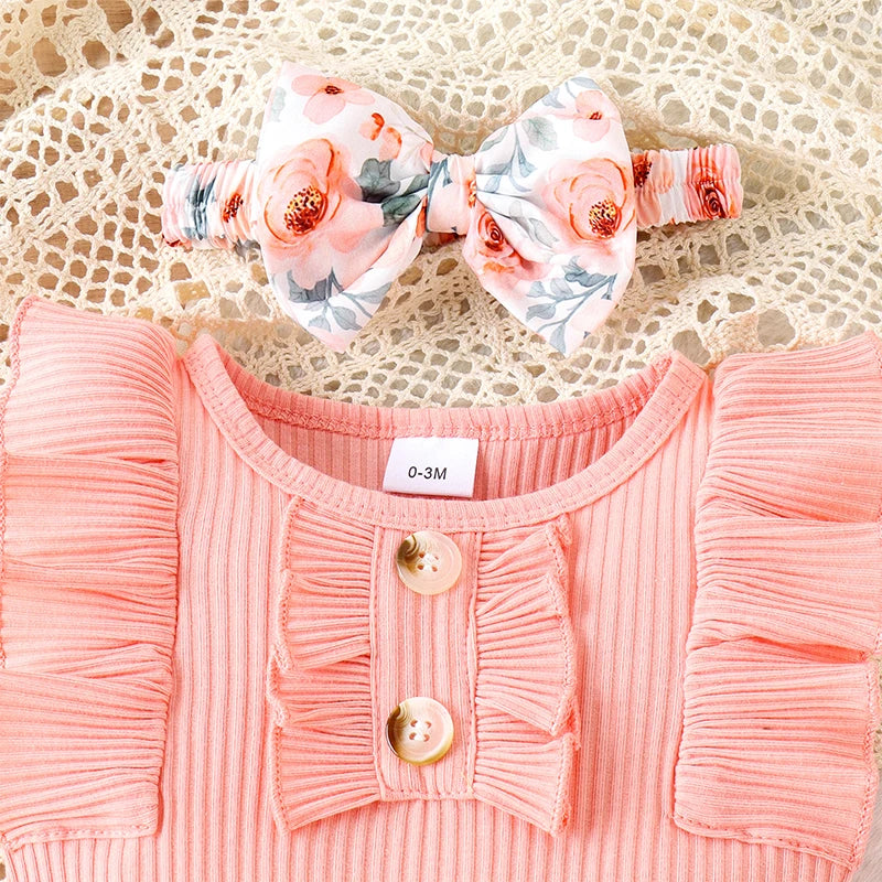 Baby Girl Summer Set Sleeveless Frill Trim Ribbed Romper Elastic Waist Shorts Bow Headband Infant Toddler 3 Piece Outfit