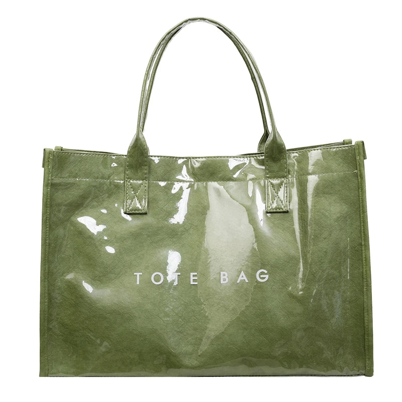 Women's Glossy Leather Tote Bag Letter Print Large Capacity Casual Commuter Shoulder Bag Fashion Daily Shopping Handbag 2026