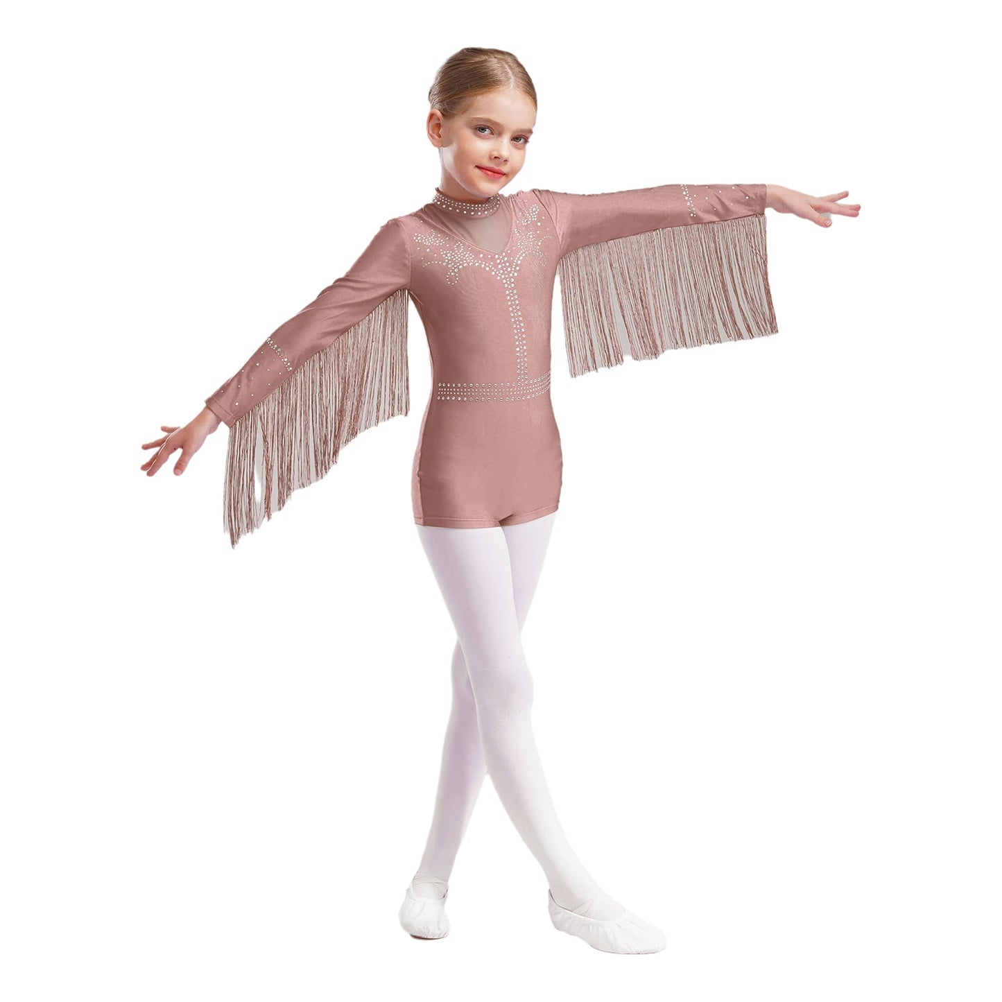 Girls Leotards Jumpsuit for Jazz Latin Skating Competition Costume Tassels Long Sleeve Rhinestones Bodysuit Modern Dancewear
