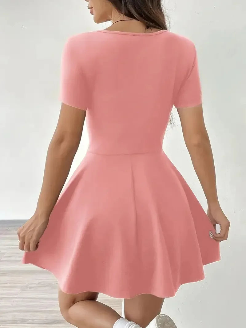 Summer 2025 Brown Knitted Short Casual Dress Mini Skirt Length Polyester Fiber Square Collar Empire Waistline Regular Sleeve