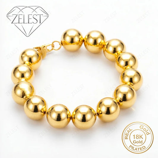 925 Sterling Silver 18K Gold Plated 14mm 8-inch Exquisite Bright Round Bead Bracelet for Women's Fashion Party Jewelry