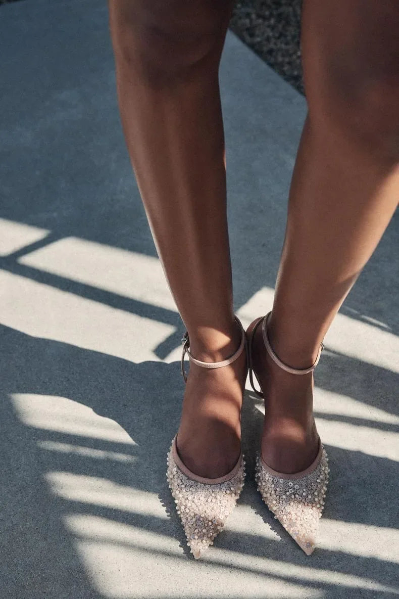Pumpkin Color Diamond High Heels Pointed Toe Backless Sandals Evening Shoes Low Heel Single Shoes Rubber Upgraded Version