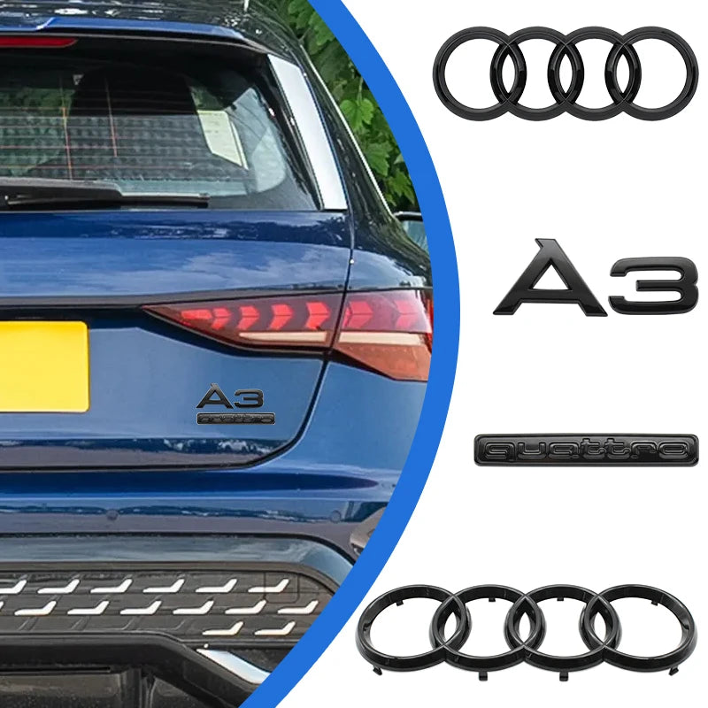 Audi A3 4 Ring Logo ABS Glossy Black Car Hood Front Bonnet Grill Badge Rear Trunk Quarrto Emblem Sticker Decal For A3 2010-2020
