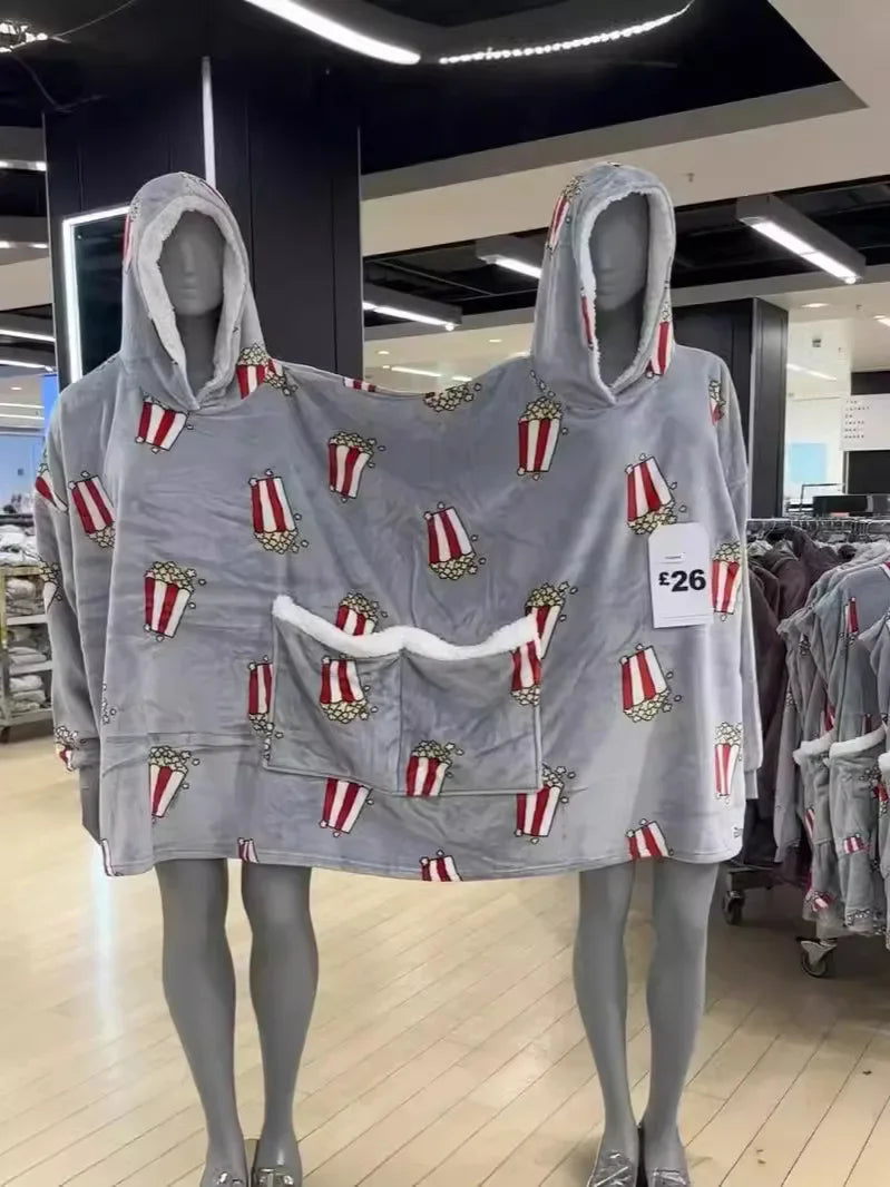 Creative Couple Matching Hooded Romper Sweatshirts Spring Summer New Style Close Knit Popcorn Print Intimate Pajamas
