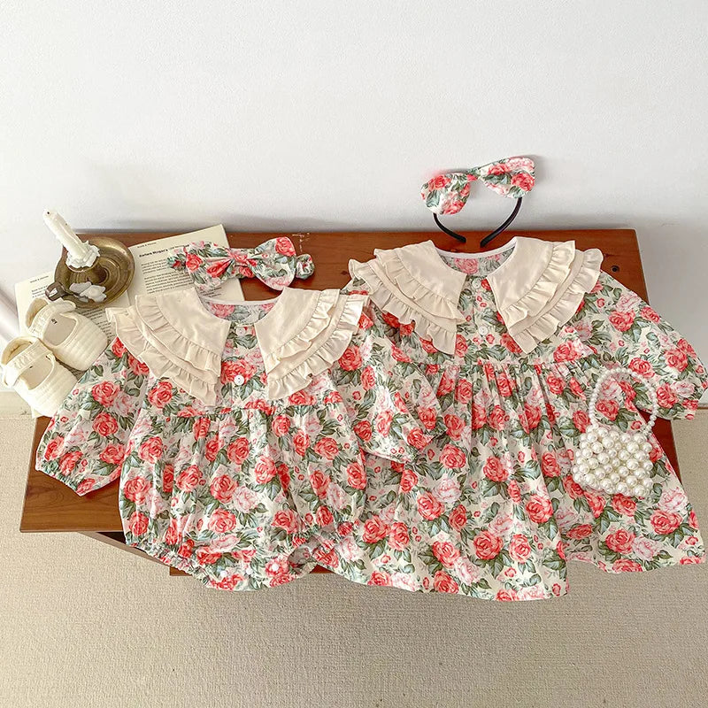 2025 New Spring Baby Sisters Dress 1-5Yrs Girl Party Dress Long Sleeved Cotton Rose Print Romper Sisters Kids Princess Dresses