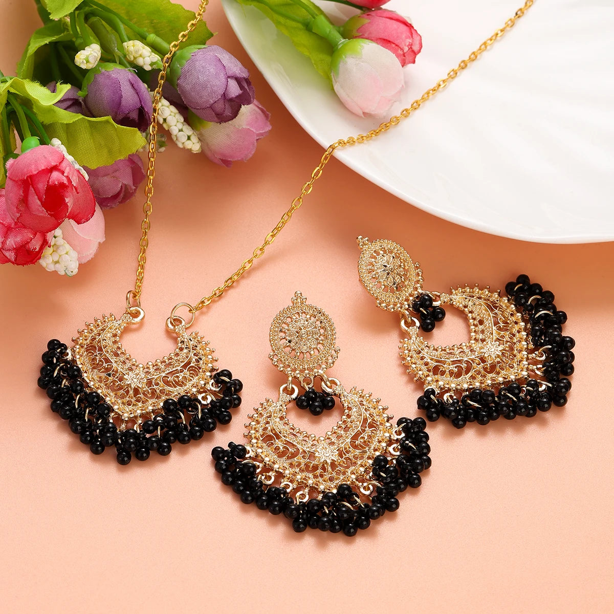 Indian Jewelry Set for Women Bijoux Retro Gold Plated Round Beads Tassel Earring Necklace Sets Ethnic Vintage Wedding Jewelry
