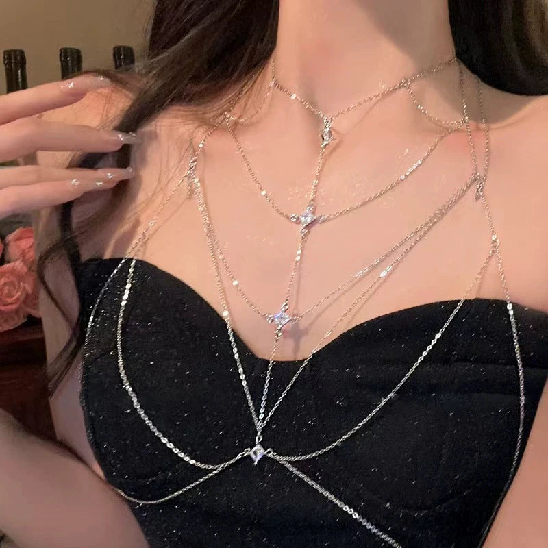 Sexy Rhinestone Round Beads Waist Chain Beach Bra Bikini Chest Chain Zircon Tassel Women Body Chain Jewelry Accessories