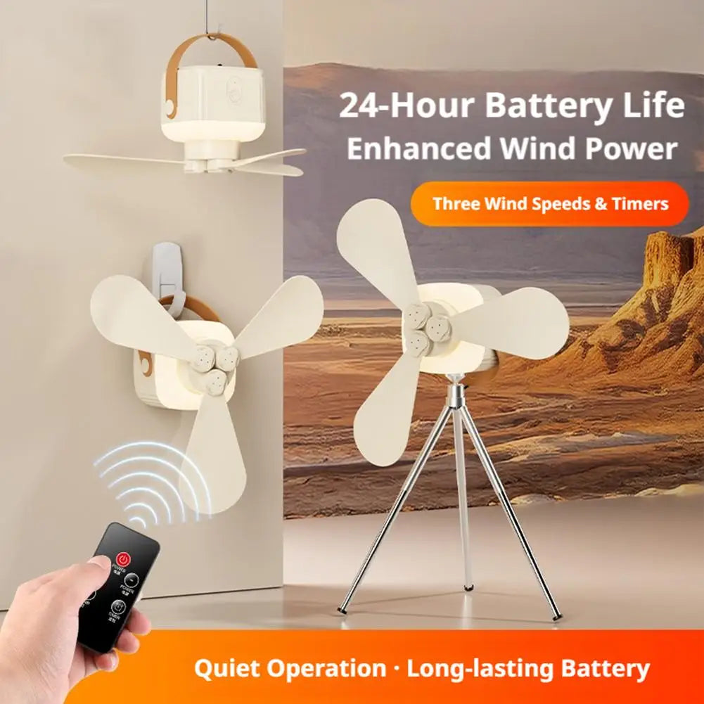 Portable Ceiling Fans Outdoor Camping Fan Tent Ventilator Cooler Rechargeable Electric Fan Remote Control LED Lighting