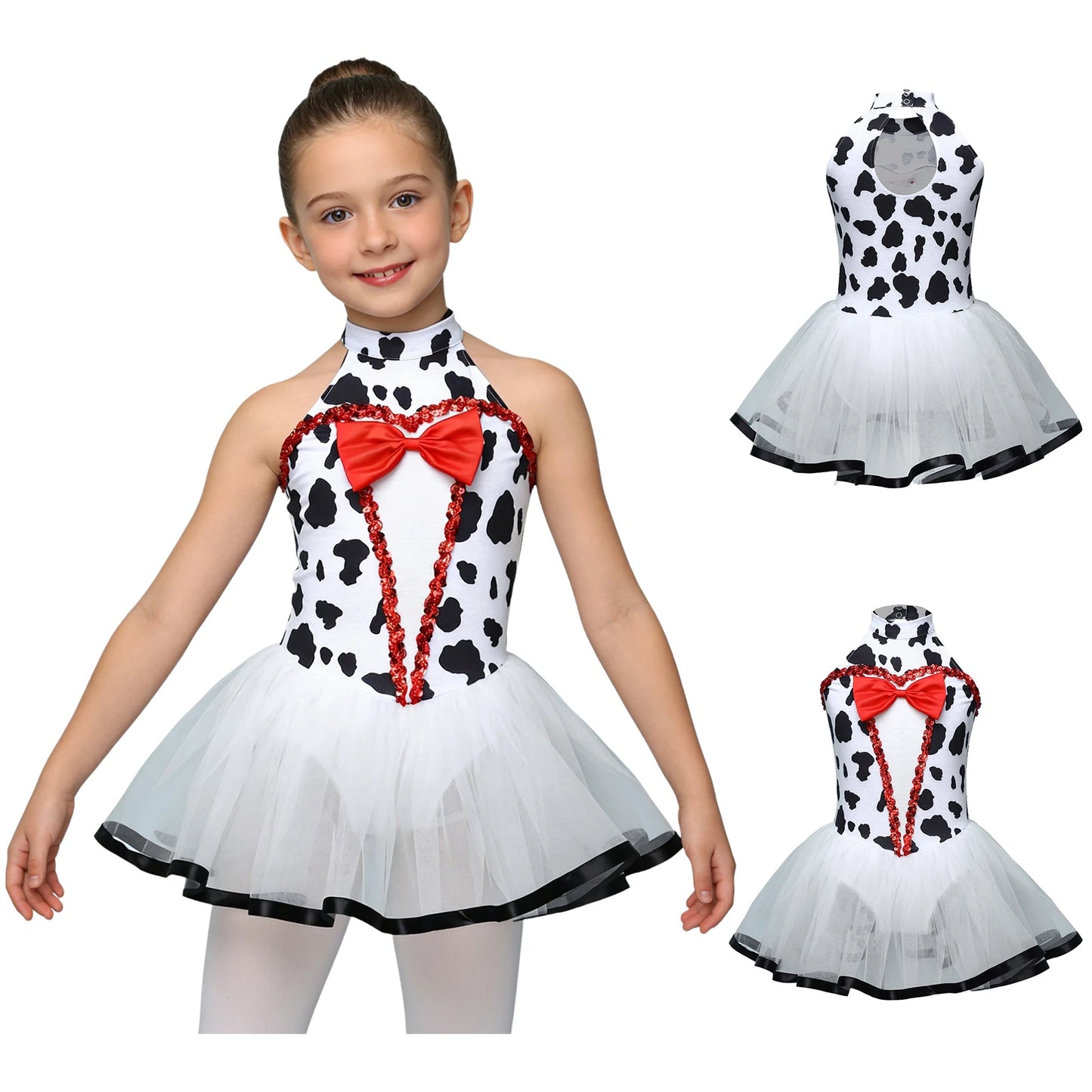 Children Girls Tutu Dress Halloween Theme Party Outfits Spotted Dog Fancy Dress Up Printed Mesh Leotard Dress Dalmatian Costume
