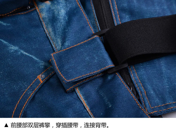 style denim ski pants suspenders denim ski pants men's skating snowboard waterproof, windproof and warm ski pants
