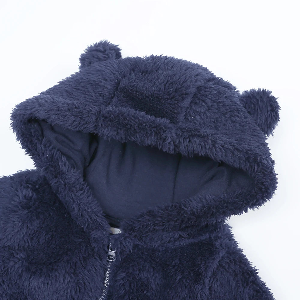 2026 Winter Baby Rompers Infant Fleece Bear Hooded Onesies Newborn Baby Boy Girl Zipper Jumpsuit Bodysuit Pyjamas