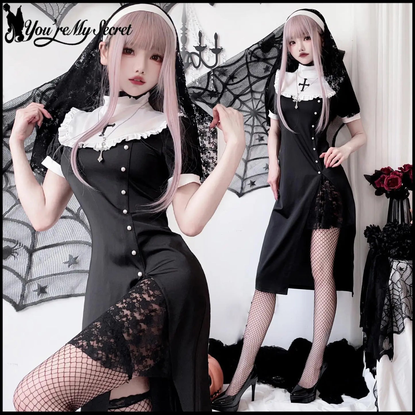 [You're My Secret] 2026 Halloween Cosplay Costumes Women's Vampire Costume Gothic Nun's Clothing Sexy Lace Slim Fit Black Dress