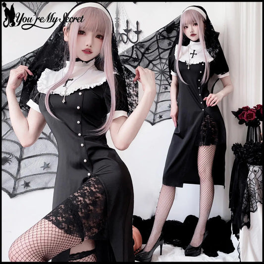 [You're My Secret] 2026 Halloween Cosplay Costumes Women's Vampire Costume Gothic Nun's Clothing Sexy Lace Slim Fit Black Dress