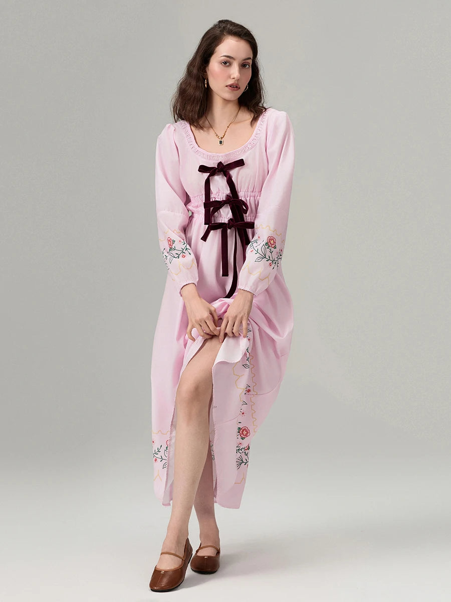 Women's 2024 Summer Boho Square Neck Front Bow Midi Dress Lady Vintage Puff Long Sleeve Plaid Ruffle Backless Maxi Dress