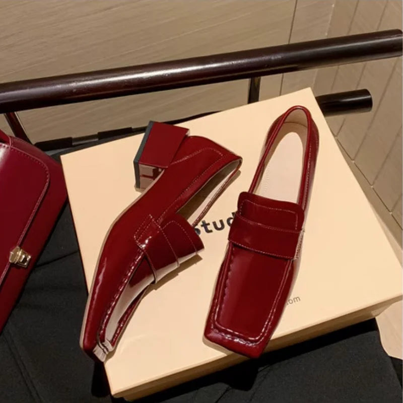 Womens Red Shoes Spring Autumn Basic Pumps Block Heel Dress Loafers French Slip On Square Toe Cow Leather Dress Footwear Size 43