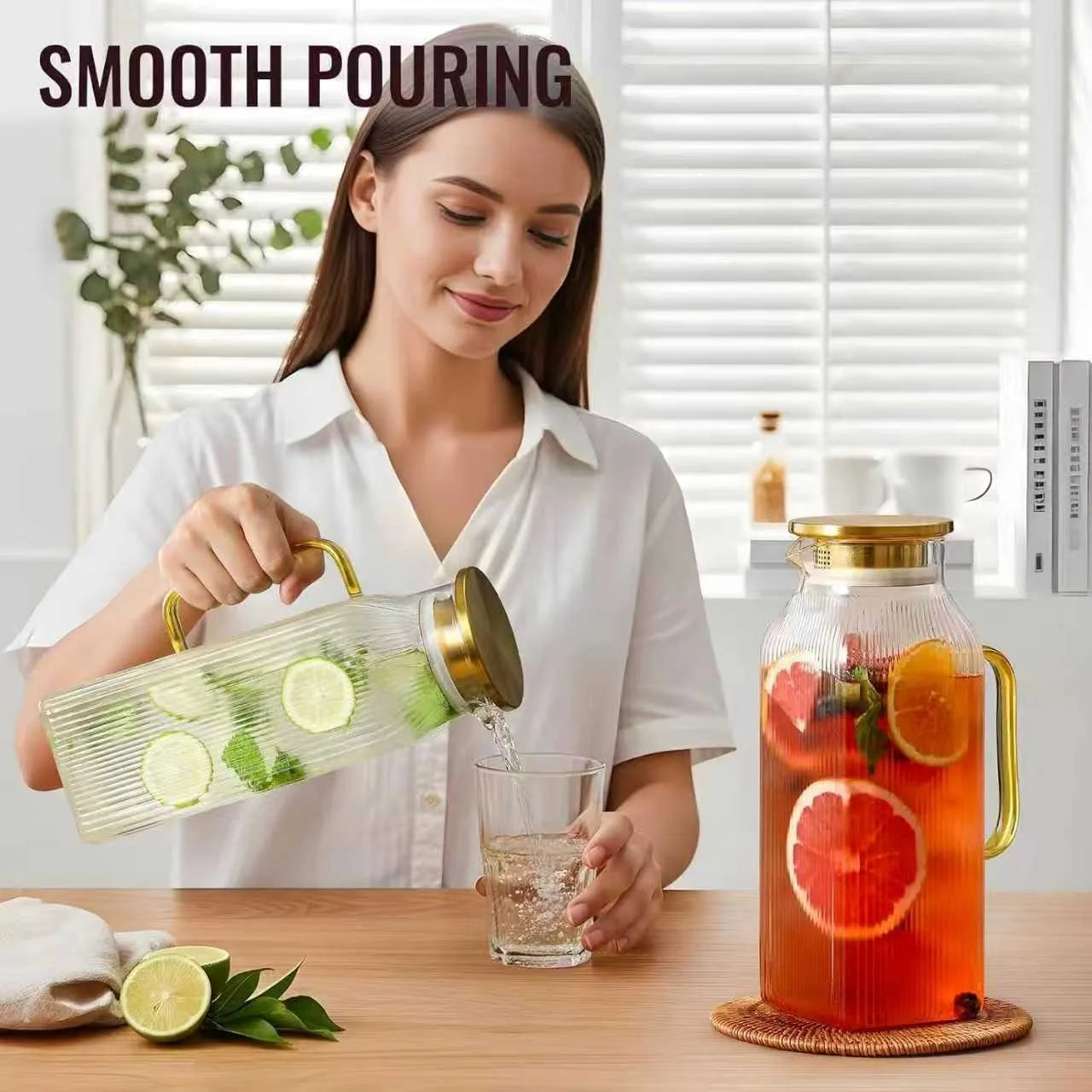 JUSTINLAU 1.2/2L Cold Water Jug High Borosilicate Glass Water Pitcher for Steamed Juice Fruit& Iced Tea Home Kitchen Accessories