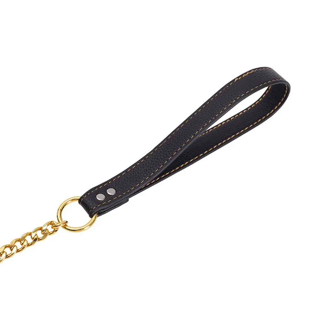 Stainless Steel Gold Chain Dog Leash Metal Chew Proof Heavy Duty Dog Leash Chain with Leather Padded Handle for Large Medium Dog