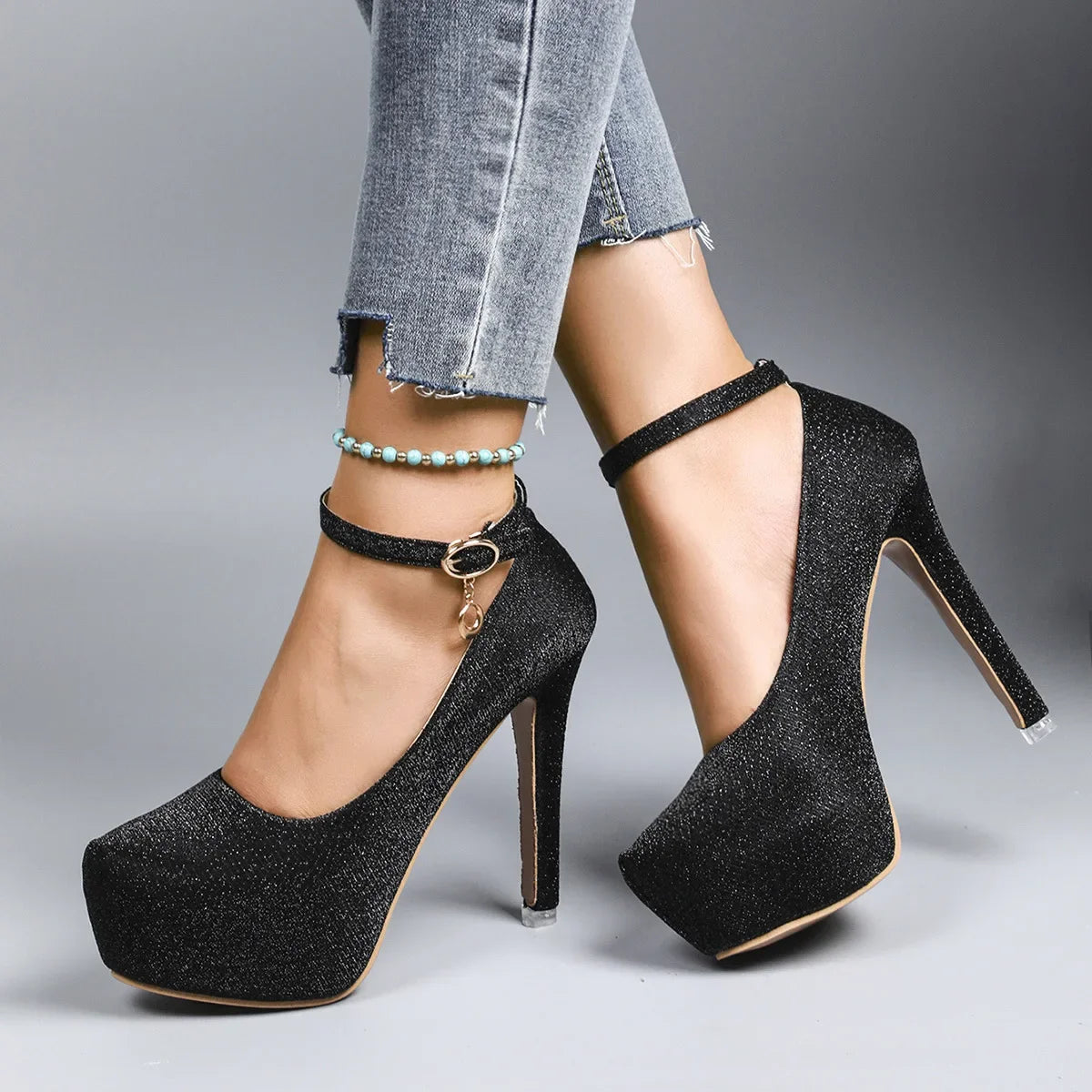 Spring Autumn New Style Waterproof Platform High Heels Thin Heel Silver Large Size Ultra High Heel Single Shoes for Women Show A