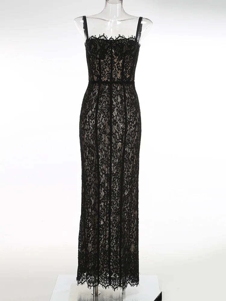 Women’s Cocktail Dress Sexy Lace Hollow Out Transparent Sleeveless Slim Fit Maxi Party Club Evening Gown White Long Dresses