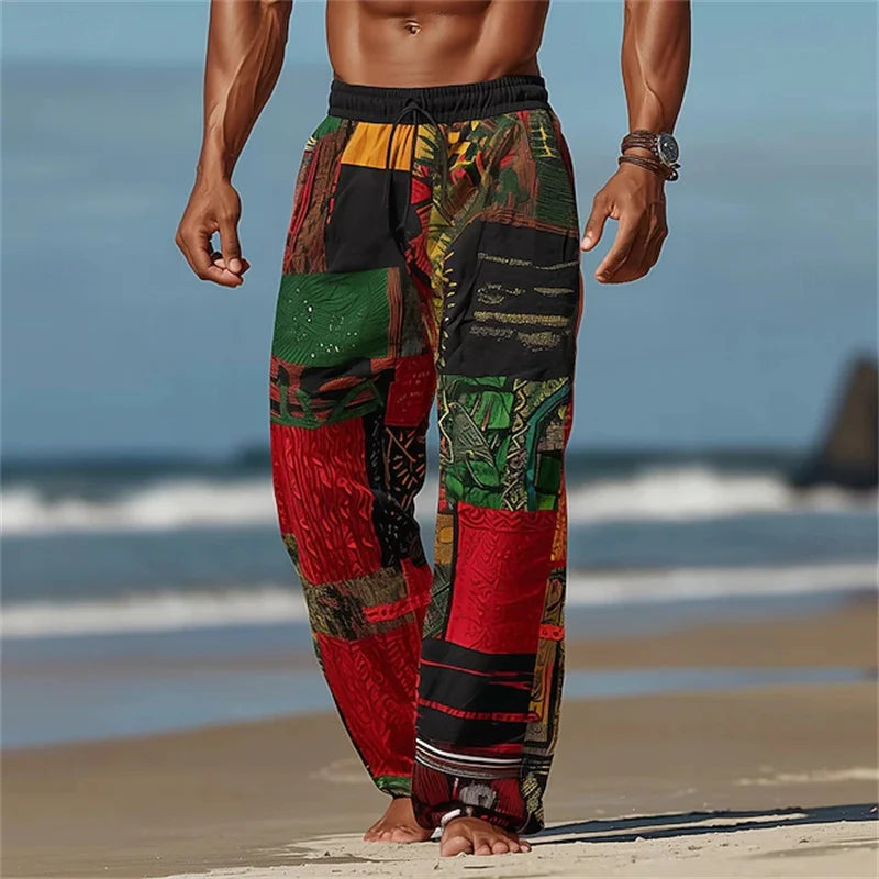 New men's loose fit casual pants with 3D printed geometric patterns, fashionable and comfortable wide leg pants