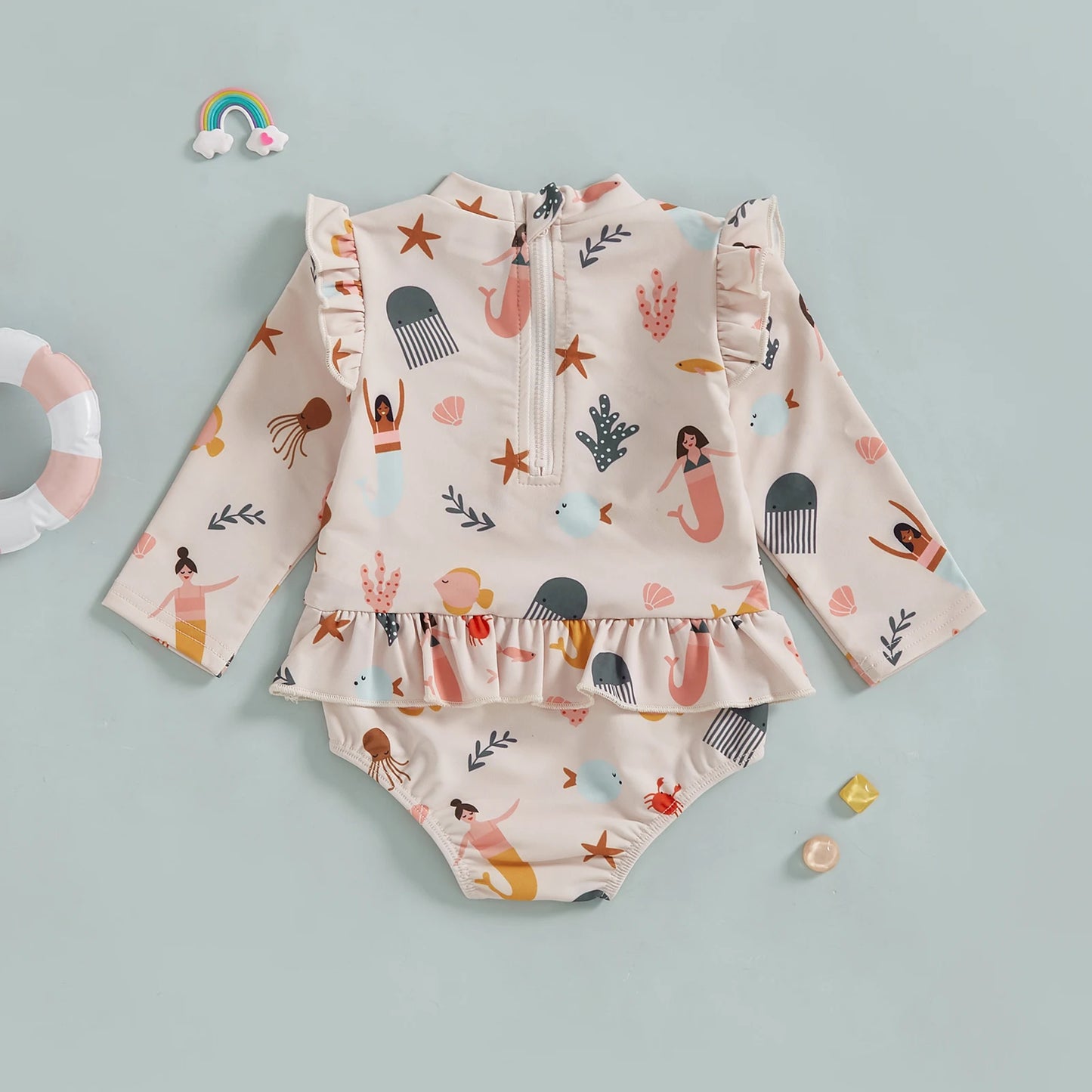 MISOWMNJOY Cute Baby Girls Long Sleeve Swimsuit Beachwear Ocean Elements Print Ruffle Toddler Infant Bathing Suit Swimwear