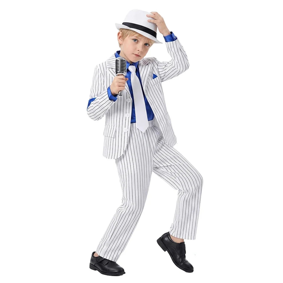Halloween Carnival Boys Jackson Costume Dancer Singer Moonwalk Stage Outfits 80s Pop Rock Superstar Dress Up White Striped Suit