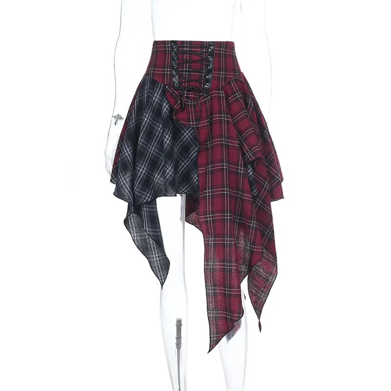 Goth Dark E-girl Streetwear Plaid Patchwork Irregular Hem Short Skirt Gothic Bottoms Y2K Punk Bandage Mini Skirts Alt Clothing
