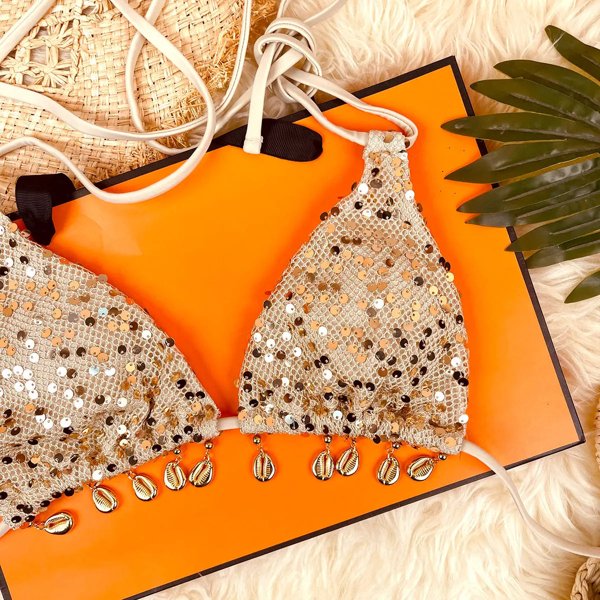 DGTQYQ 2026 New Summer Lady Holiday Beach 2pc Bikini Set Sparkle Shells Bikinis Women Inspired Swimwear Designer Ties Swimsuit