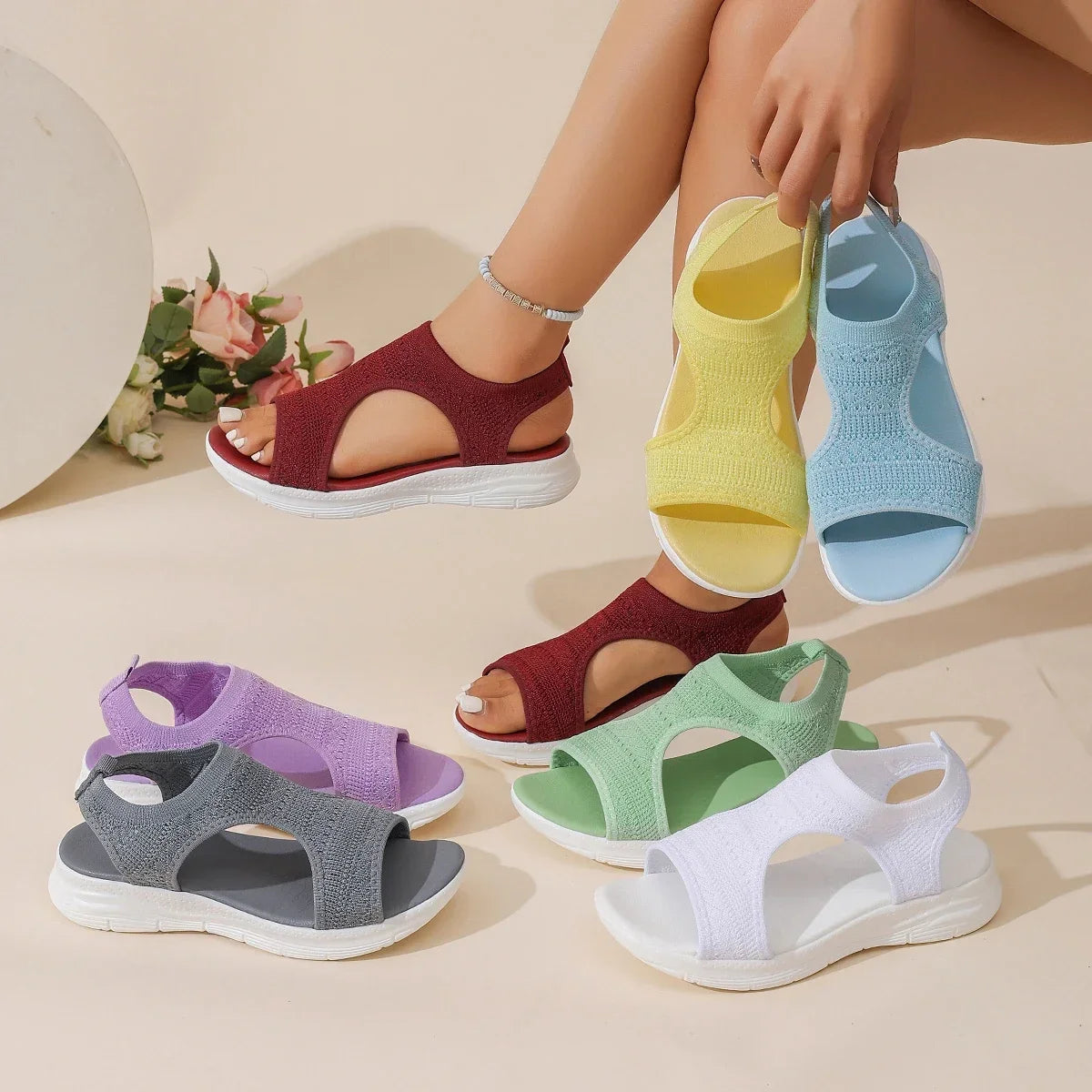 Women's Shoes 2026 Summer Comfortable Casual Sports Sandals Women's Beach Wedge Sandals Women's Mesh Knitted Roman Sandals