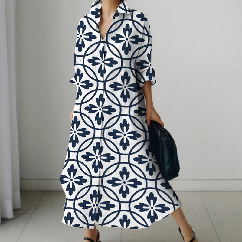 Women's Shirt Dress 2023 Trendy Patchwork Vintage Spot Print Shirt Fall Out Office Dress Loose Casual Lapel Pocket S-5Xl