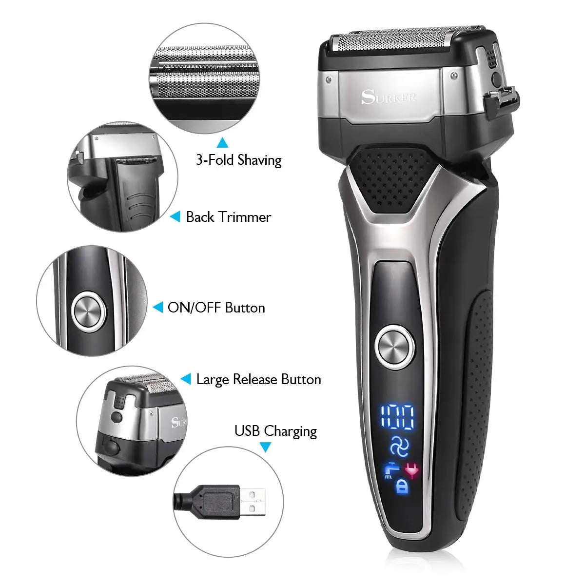 Wet Dry Rechargeable Electric Shaver For Men Facial Beard Electric Razor Stubble 3-Blade System Shaving Machine Washable