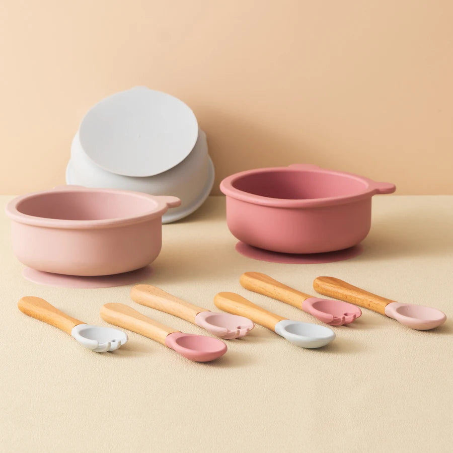 Mamaplan Baby Silicone Tableware Wooden Handle Spoon Fork Feeding Sucker Bowl Training Learning Baby Stuff  Baby Dinner Set